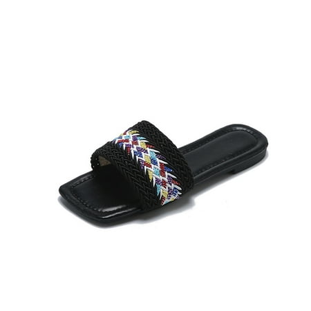 

Pfysire Women s Weave Flat Sandals Square Toe Slip On Slippers Casual Shoes US 6