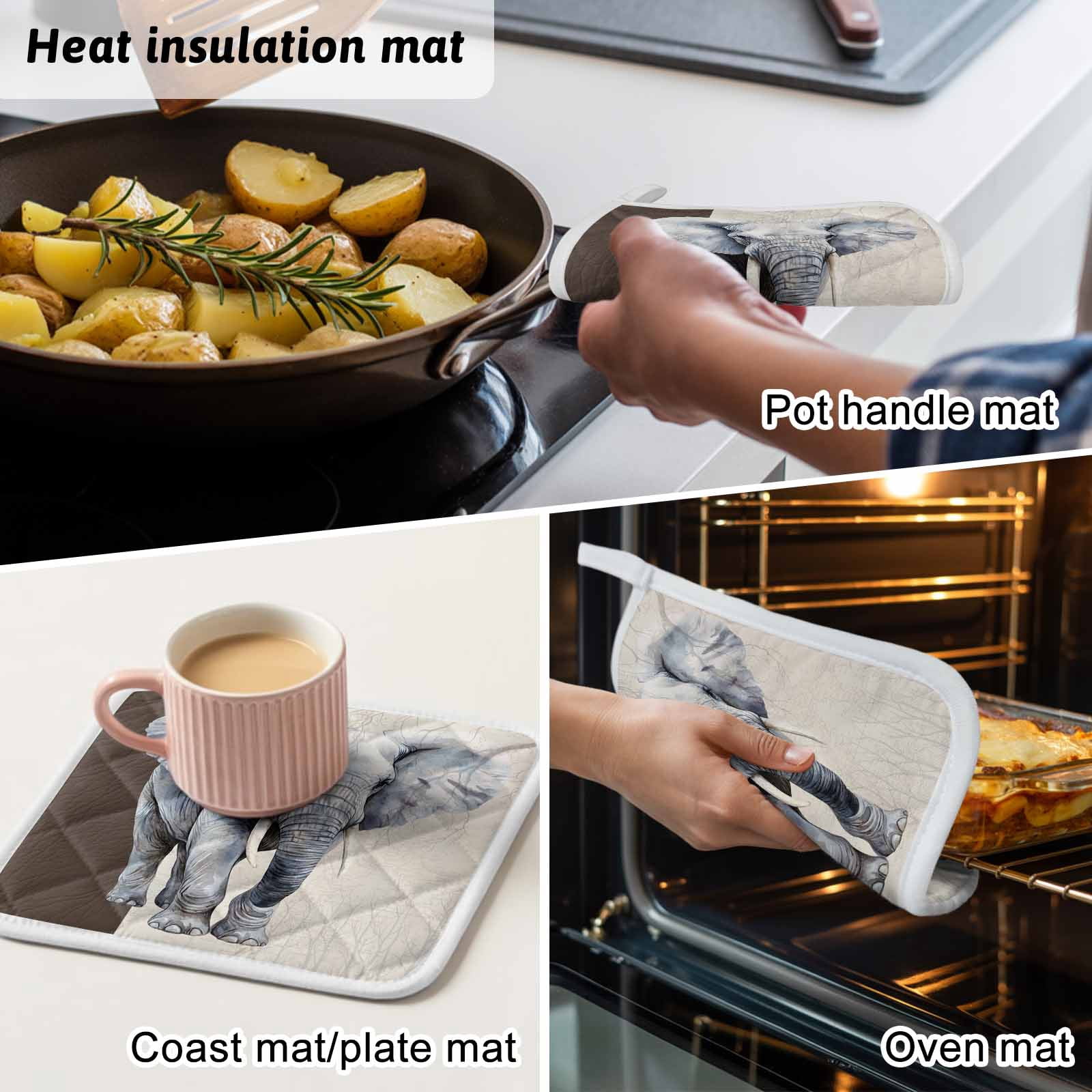 Vintage Elephant Pot Holders for Kitchen Heatproof Potholder, 3 Pack Modern Art Animal Watercolor Hot Pads Multipurpose Oven Pads Cloth Potholders Trivet for Cooking Baking