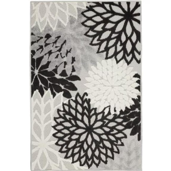 9 x 12 ft. Black & White Floral Non Skid Indoor & Outdoor Rectangle Area Rug - Black and White - 9 x 12 ft.