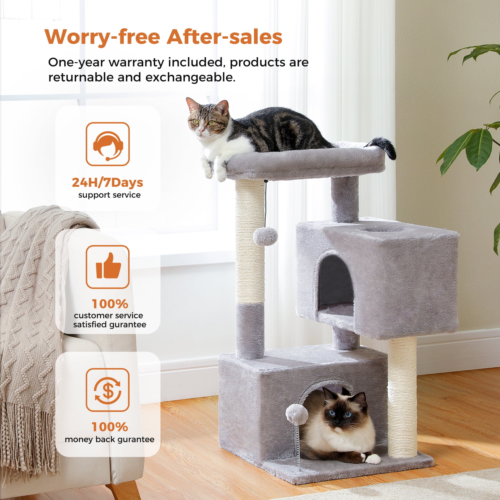 PEQULTI 31.5" Modern Cat Tree Tower with Dual Large Condos for Kitten ＆ Medium Size Cat Light Gray
