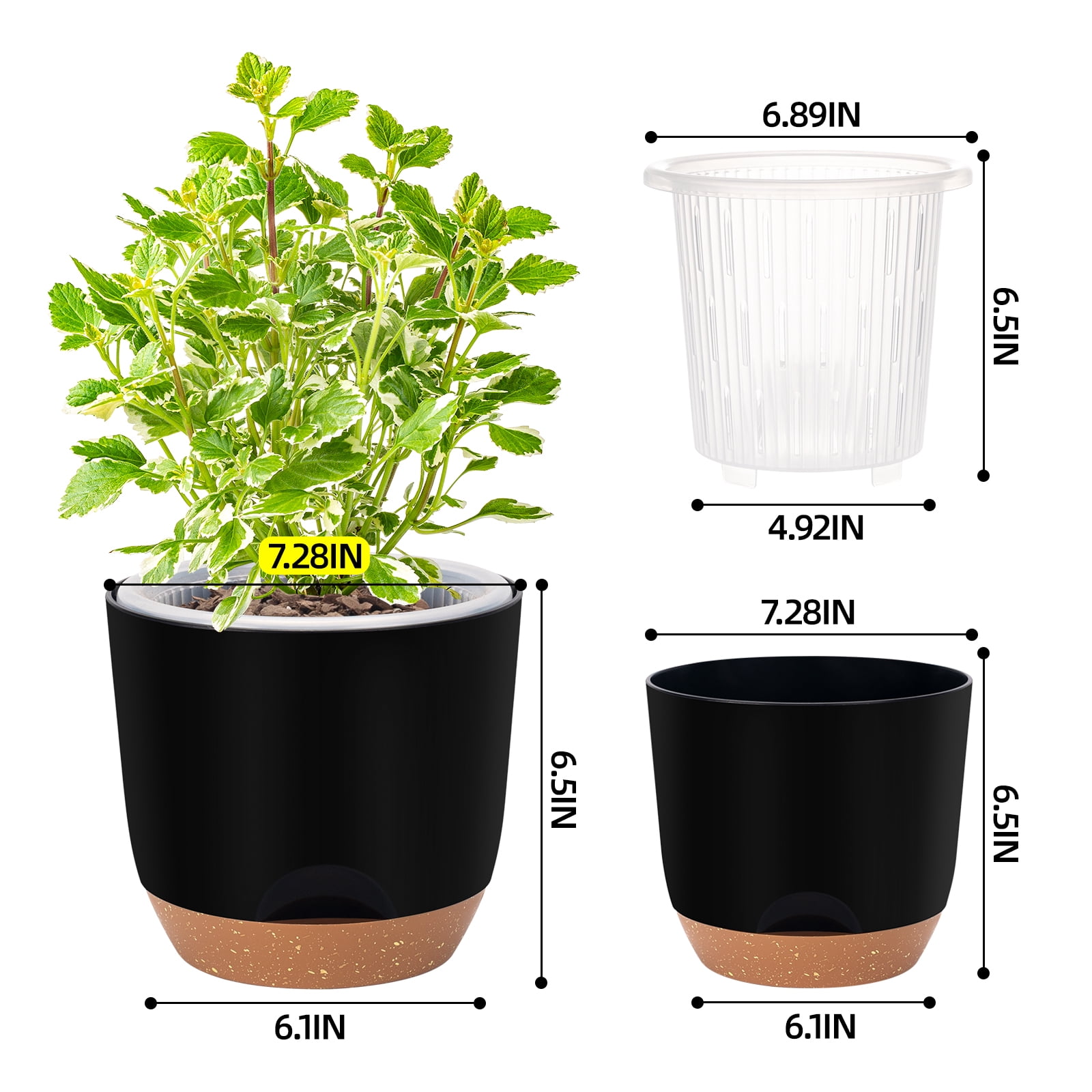 QCQHDU 7.2 Inch Self Watering Planters for Indoor Plants with Bottom Watering,2Pack Flower Plant Pots for Outdoor with Drainage, Durable Plastic planters Pots(Black)