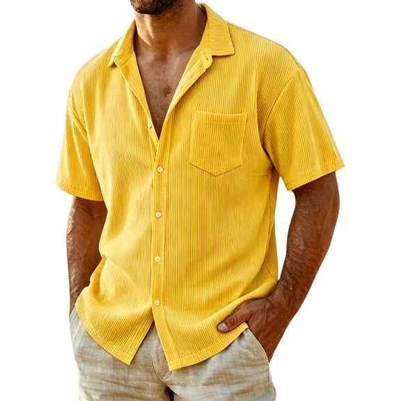 Uwinwear Men's Casual Button Down Shirts Short Sleeve Textured Summer Beach Shirt Outdoor Lightweight Tops with Pocket,Yellow,L