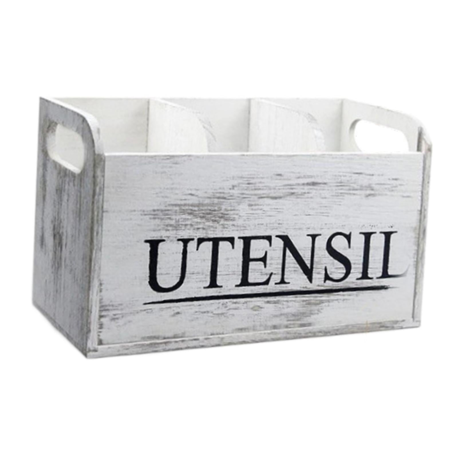 Fiocias White Wooden Utensil Holder with 3 Compartments Cutlery Holder Utensil Organizer