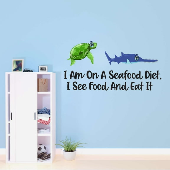 Turtle Shark I Am On A Seafood Diet, I See Food And Eat It Sea Creatures Crab Seahorse Clam Shellfish Urchin Sweet Dreams Bedtime Unicorn Holiday Decorating Wall Decal Sticker - Size: 20 In X 10 In