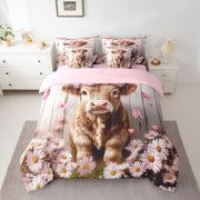 Homewish Highland Cattle Kids Twin Bedding Sets 7-Piece, Pink Blossoms Flower Bedding Comforter Set, Rustic Farmhouse Reversible Sheet Sets, Luxury Bedroom Decor