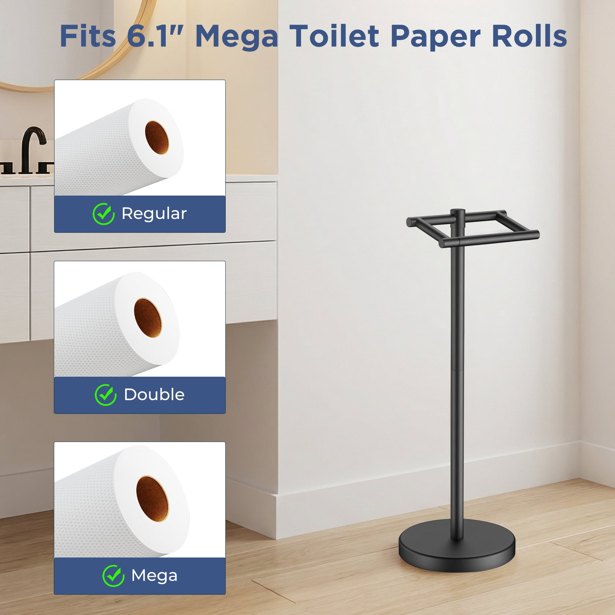 TVOFEK Freestanding Toilet Paper Holder Stand, Toilet Roll Holder Stainless Steel, Post Pivoting Design & Stable Weighted Base, Matte Black