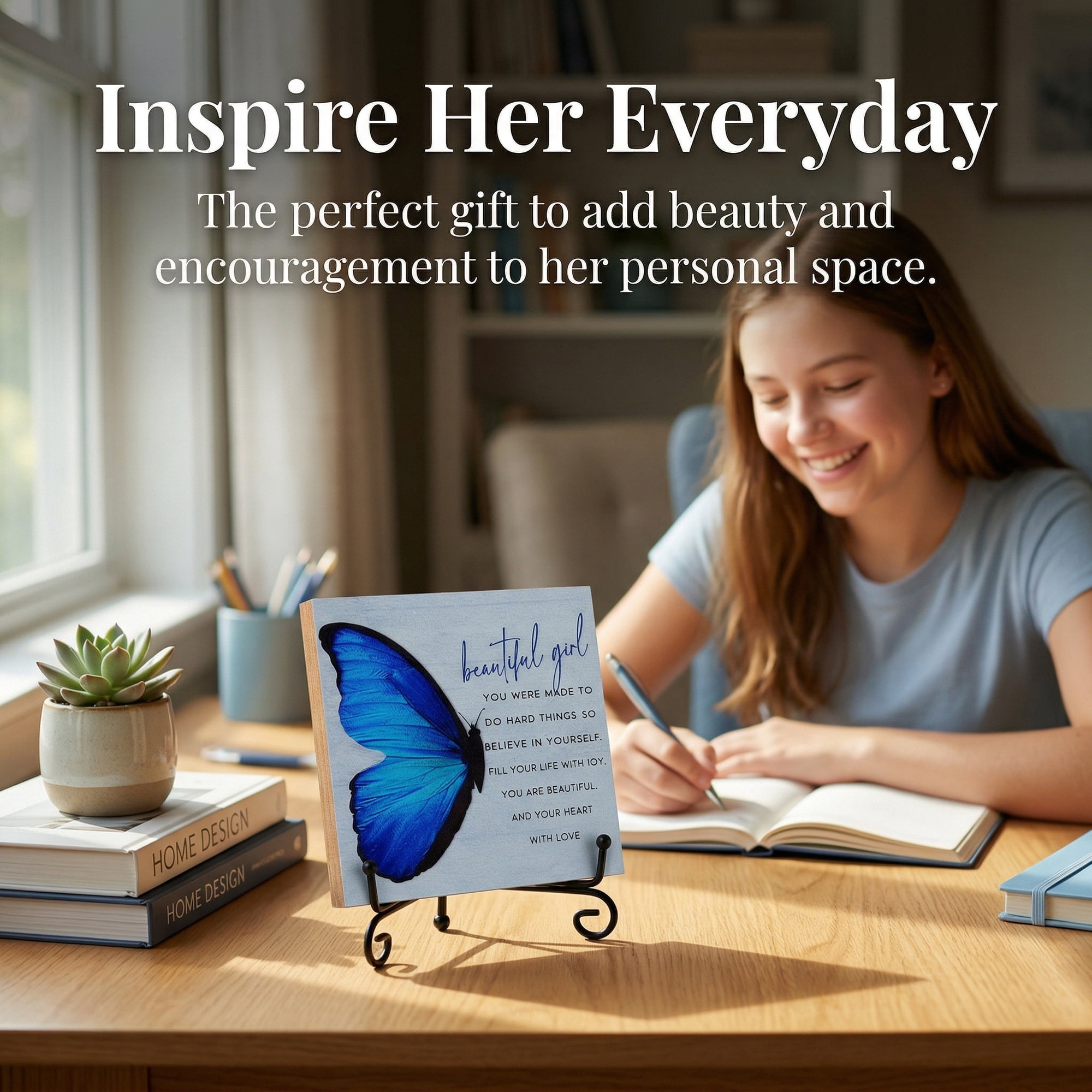 Unique Bargains Extra Stable Desk Sign Gift Square Keepsake Plaque Butterfly 3.9in
