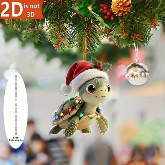 Dserfhy Turtle Shape Christmas Ornament with Santa Hat 2D Acrylic Xmas Tree Decor for Indoor Outdoor Holiday Hanging Decorations