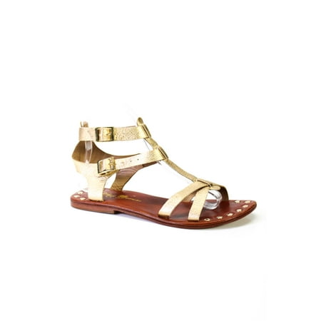 

Pre-owned|Matt Bernson Womens Metallic Double Ankle Strap Sandals Gold Tone Leather Size 7