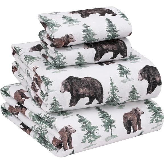 RUVANTI Flannel Sheets King Size - 100% Cotton Brushed King Size Sheets Set - Deep Pockets 16 Inches Bed Sheets - All Seasons Breathable & Extra Soft - Warm & Cozy, 4 Piece, Bear & Tree