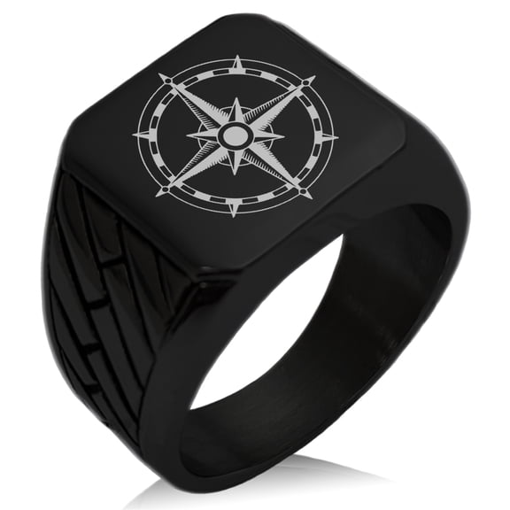 Stainless Steel Sun Dial Compass Geometric Pattern Biker Style Polished Ring