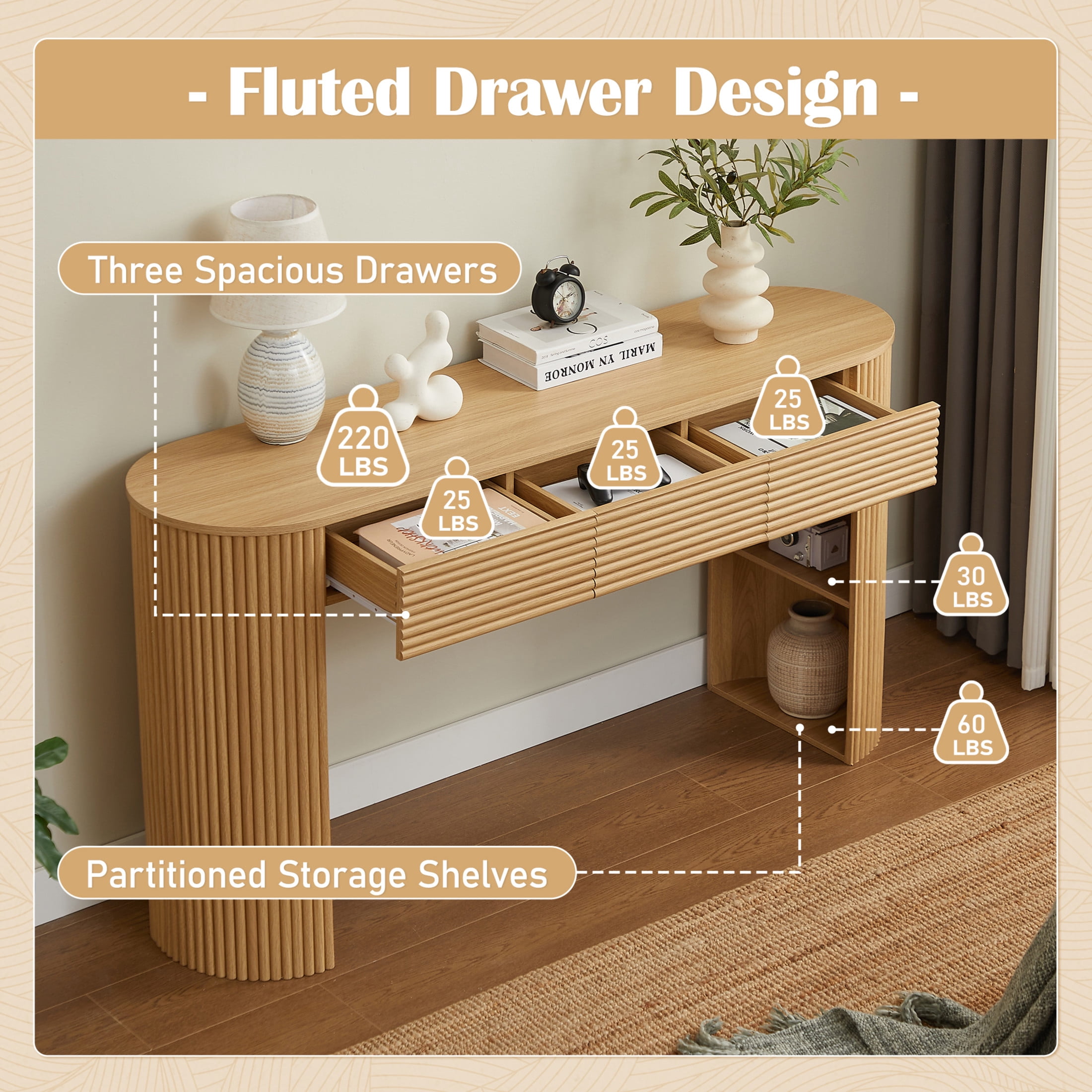 Christopher Knight Home 59.8" Retro Console Table, MDF Entryway Storage Table with 3 Drawers, Natural