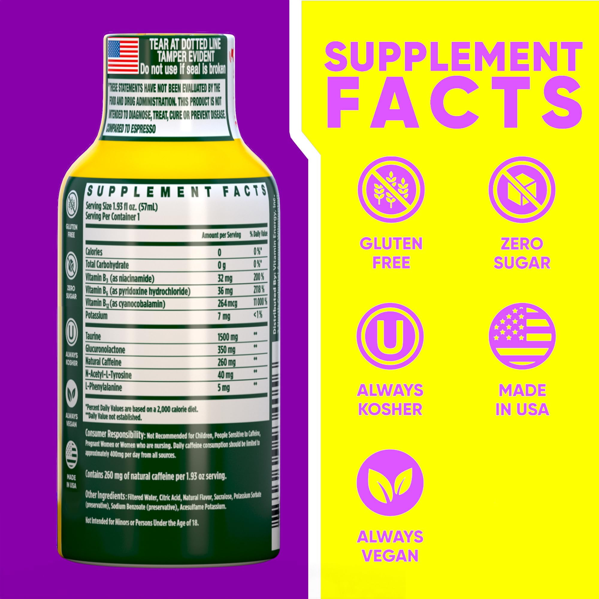 Vitamin Energy B12 Extra Strength Shot, Mango, 12 Pack – 260mg Natural Caffeine, 11,000% DV B12 & B6, Zero Sugar, 1.93 fl oz