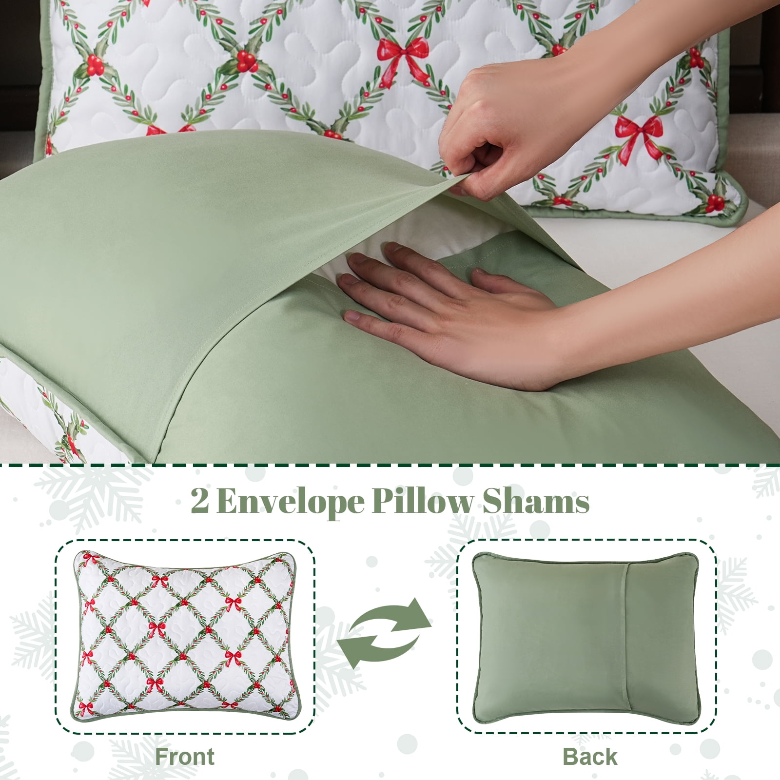 BLEUM CADE Christmas Quilts Queen Size 3 Piece, Bow & Festive Foliage Quilts Bedding Set, Christmas Decor Super Soft Bedspread Coverlet Set (1 Quilt, 2 Pillow Cases)