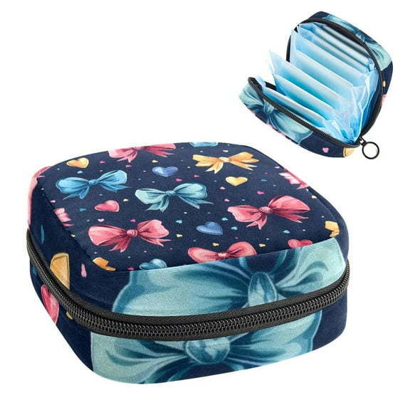 Cute Bows with Little Hearts Cartoon Style Sanitary Napkin Storage Bag, Zipper Menstrual Cup Pouch Feminine Menstruation First Period Pads Holder for Girls Women Ladies
