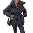 thumbnail image 2 of Women'S Stand Collar Cotton Padded Coat with Belt for Warmth Waist Tie Pockets Winter Jacket Black L, 2 of 8
