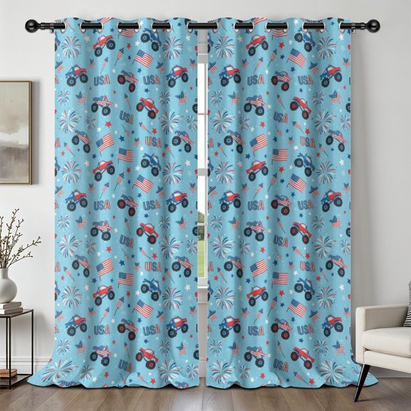 Monster Cartoon Truck Blue Pattern Blackout Curtains,Triple Weaved Fabric,Thermal Insulated,Room Darkening,Grommet Top,2 Panels,52x108in(132x274cm)