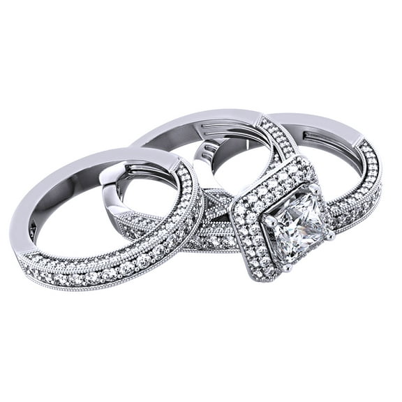 AFFY White Natural Diamond Engagement & Wedding Trio Band Ring Set In 10k White Gold (3.53 Cttw)