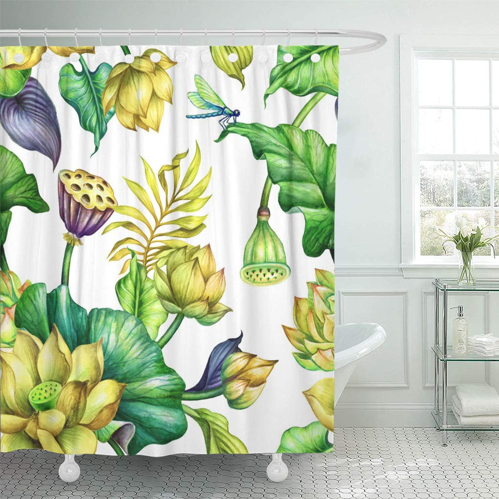 Yusdecor Watercolor Floral Background Seamless Botanical Pattern Tropical Leaves Yellow Lotus Bathroom Decor Bath Shower Curtain 60x72 Inch Walmart Canada