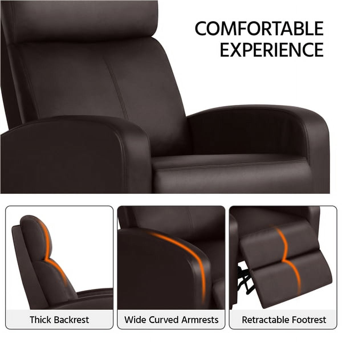 Alden Design Faux Leather Push Back Theater Recliner Chair with Footrest for Living Room, Brown