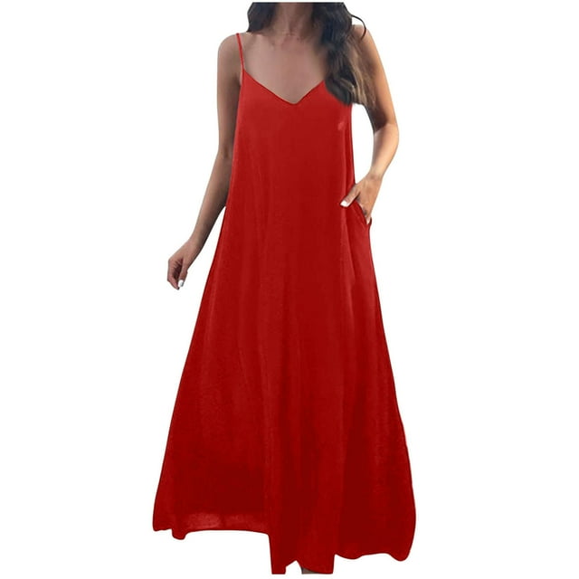 AherBiu Robes d'Été pour Femmes Sans Manches à Col en V Plongeant, Robes Maxi Fluides, Plage Bohème, Vacances, Longue Robe
