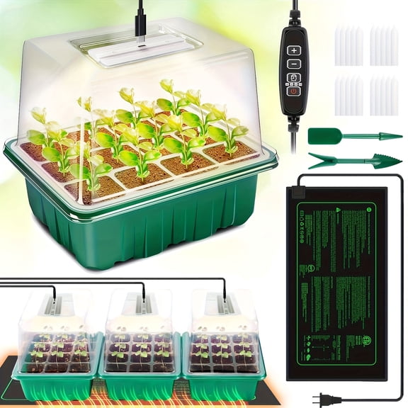 3-Pack Seed Starter Tray with Grow Light And Heat Mat, 36 Extra Large Cells Seed Starter Kit with Adjustable Humidity Dome And Base, Germination Kit for Seed Growing Plant Propagation