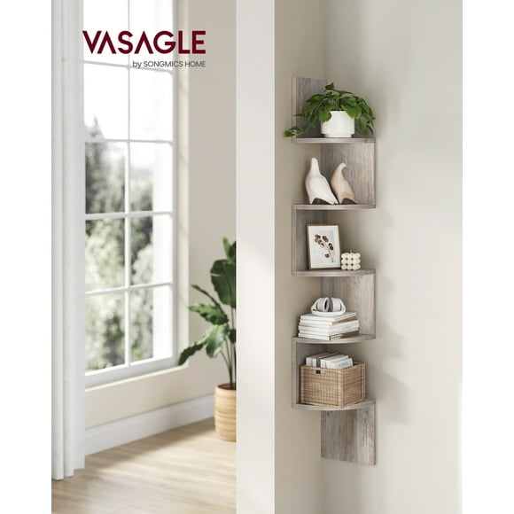 VASAGLE Estantería esquinera, Estante Flotante de Pared de 5 Niveles con diseño de Zigzag, estantería, Greige