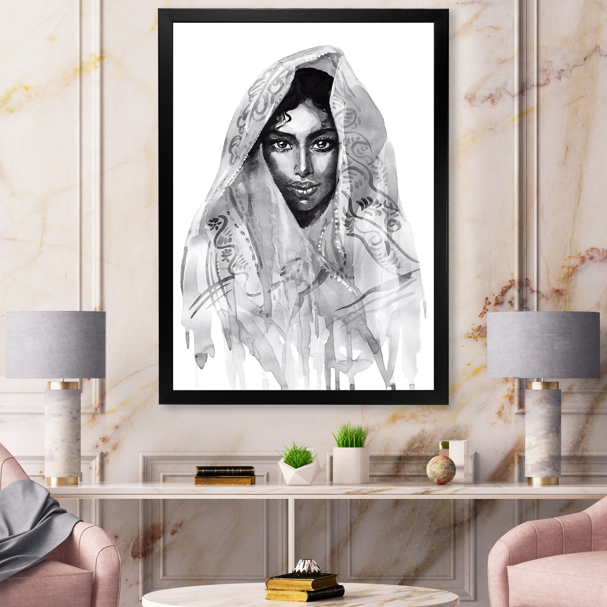 Designart 'Black and White Portrait of Young Indian Woman I' Modern Framed Art Print