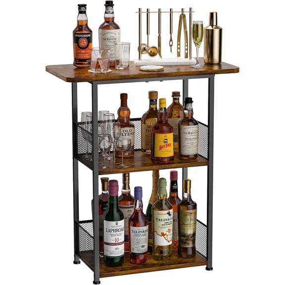 Floor Standing Freestanding Whiskey Rack: 3 Tier Wine Rack Mini Bar Table Corner Wine Bottle Display Stand Liquor Cabinet Bar, for Bottles,Cocktail Shaker,Mugs