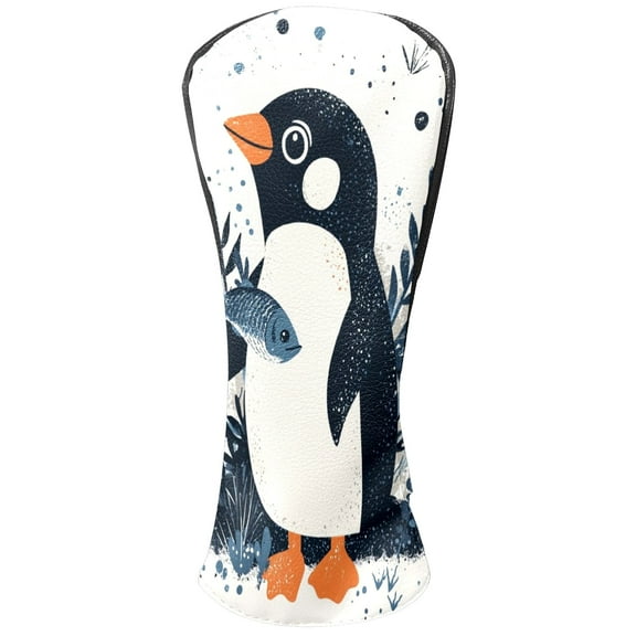 Golf Head Covers Penguin Catches Fish Design for Driver, Wood & Hybrid, Premium Waterproof PU Leather with Plush Lining, Fun Animal Golf Gifts