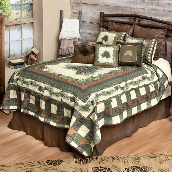 Black Forest Décor Woodland Pinecones Quilt Bed Set - King, Rustic Lodge Pinecone Quilt Bedding - 110" x 96"