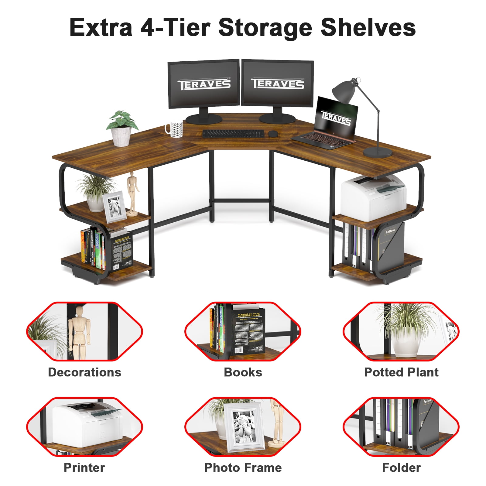 Buy Teraves LShaped Computer Desk with Bookshelves, Large Corner Desk Home Office Workstation
