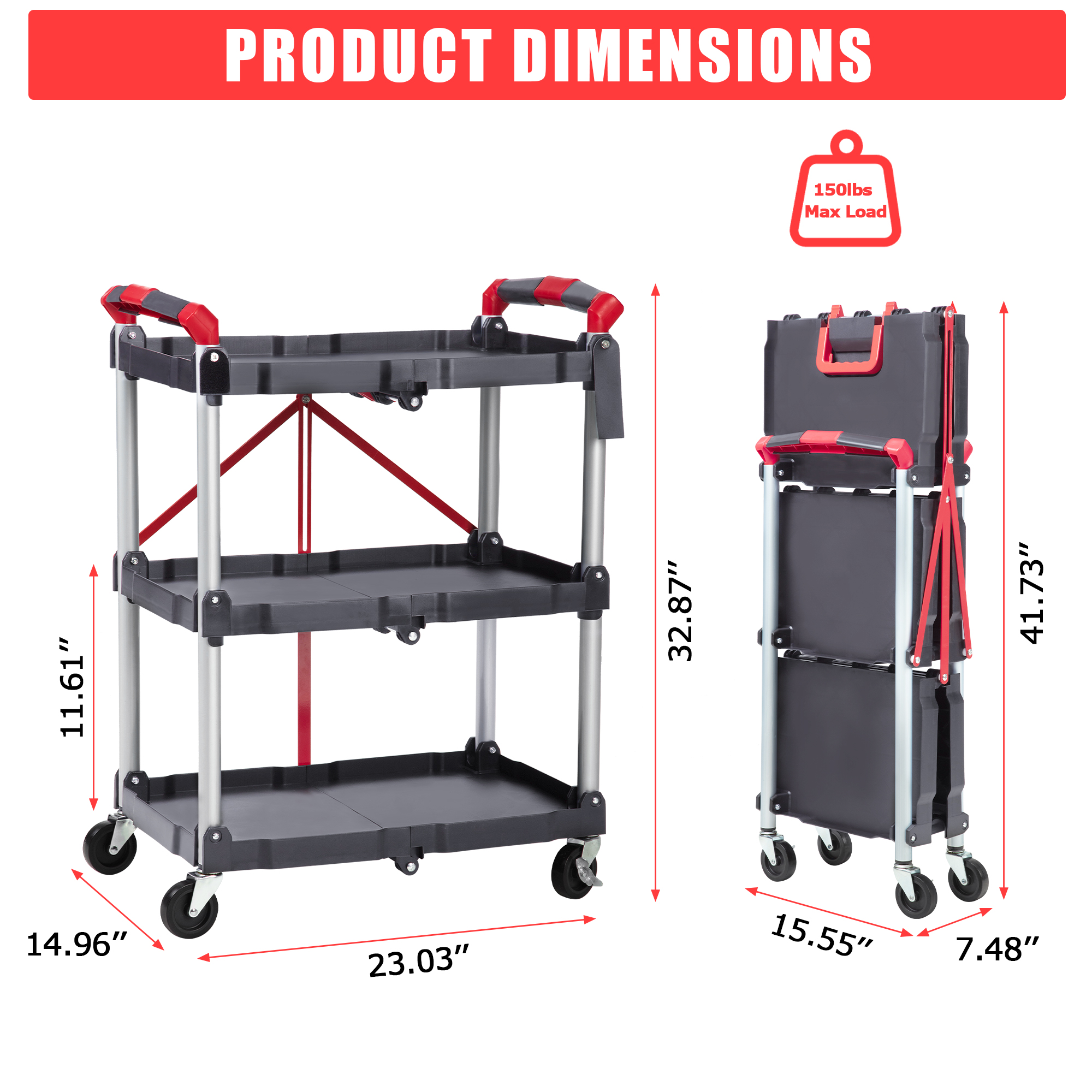 Mescukay Collapsible Folding Utility Cart with Wheels, 3 Tier Rolling Service Cart for Kitchen, Office, Shopping, Garage