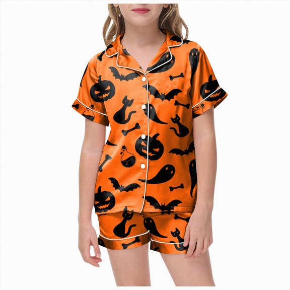 NOLDARES Big Kids Unisex Halloween Pjs Set Girls Boys Silk Pajama Sets Satin Clasic Sleepwear Fall Winter 2 Pieces Button Down Nighty,Orange,12-13 Y