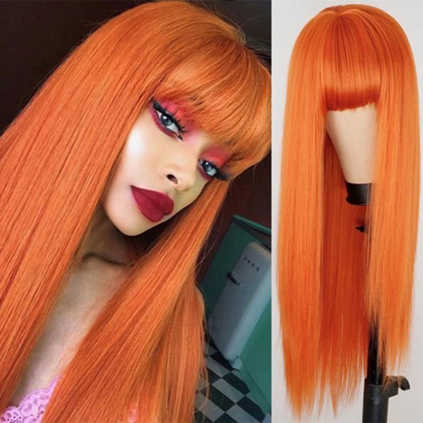 YSGFHGJW Human Hair Wig,Long Straight Wig With Bangs Hair Wig For Women Synthetic Natural Wig ,Various Colors Available,Daily Wear Party And Cosplay Soft Wig,Orange