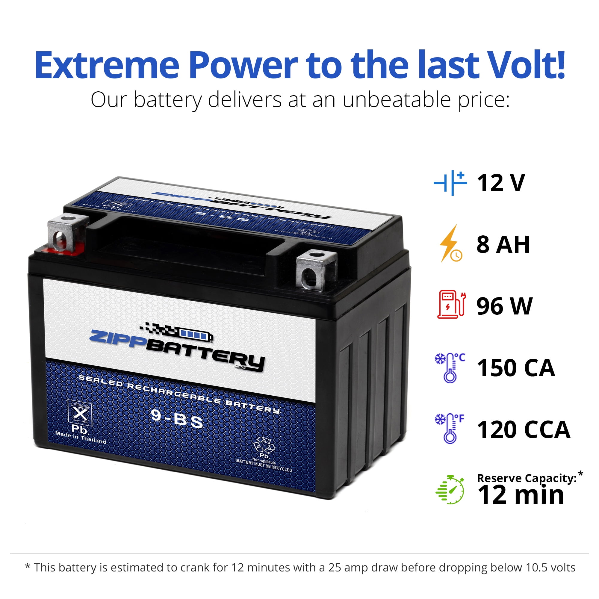Zipp Battery Ytx9-bs (9-bs 12 Volts,8 Ah, 120 Cca) Motorcycle Battery for Suzuki Gsx600f Katana 600cc 98-'06