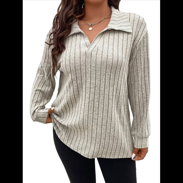 Suéter de Punto Informal de Talla Grande para Mujer, con Solapa, Cuello en V, Color Liso, Blusas Ligeras de Larga. Albaricoque 5XL
