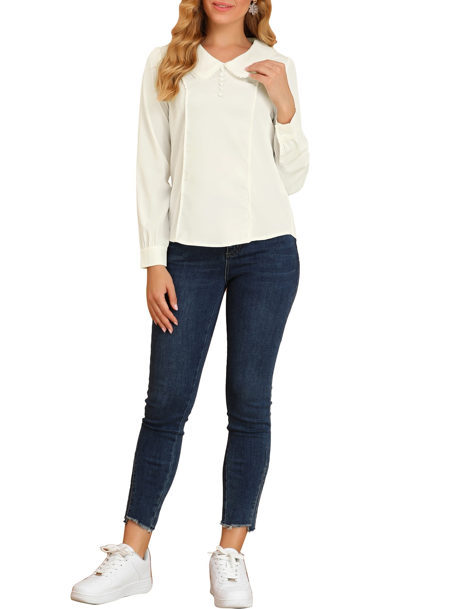 DARING DIVA Women's Peter Pan Collar Button Chiffon Blouse M White