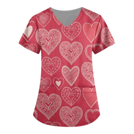 

Valentine s Day Printed Scrub Tops for Women Breathable Love Heart Pattern V-Neck T-Shirts Tee Scrubs Top with Pockets