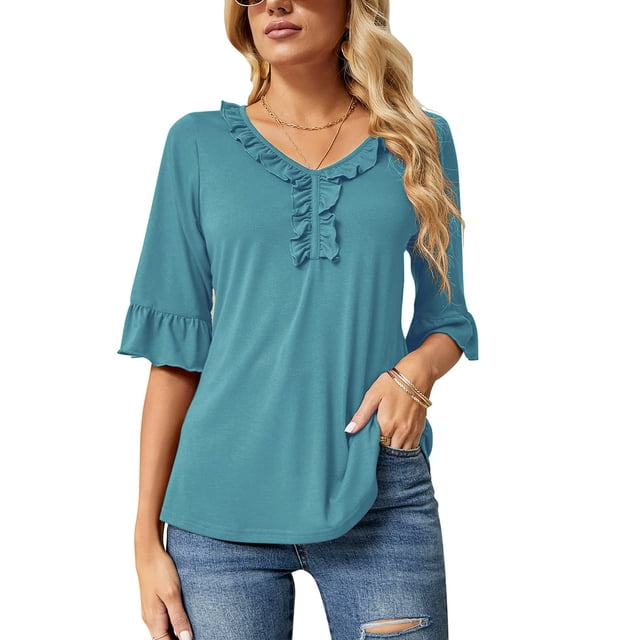 Camiseta Casual Falbala Cuello en V Media Manga Acampanada Tops Sueltos Básicos de Moda para Mujer