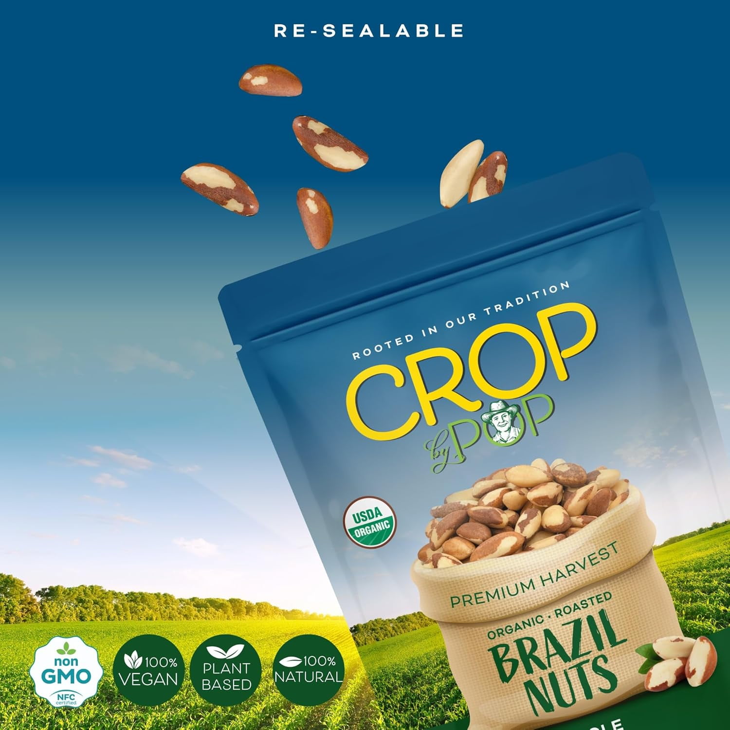 CROP BY POP Organic Roasted Brazil Nuts, Unsalted, 32 oz Resealable Bag, USDA Organic, Non-GMO, Vegan, Kosher