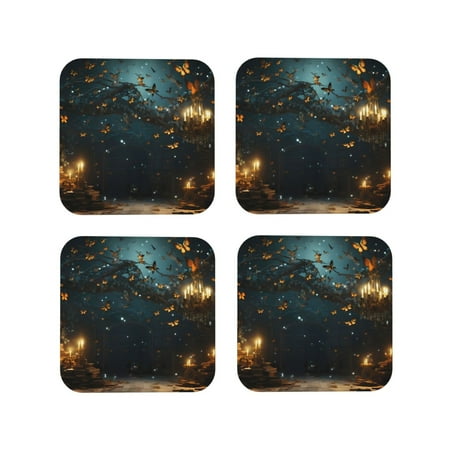 

Vsdgher Magical Library Butterfly Night Leather Coasters for Drinks Durable Drink Coasters 4 Set for Tabletop Protection Luxurious Home Décor and Housewarming Gift-Square