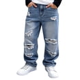 thumbnail image 2 of UACY Boys' Baggy Ripped Jeans Distressed Denim Pants Loose Fit Straight Leg Cotton Blend Casual Long Trousers Boys Pants (Sky Blue, 10-11 Years), 2 of 8