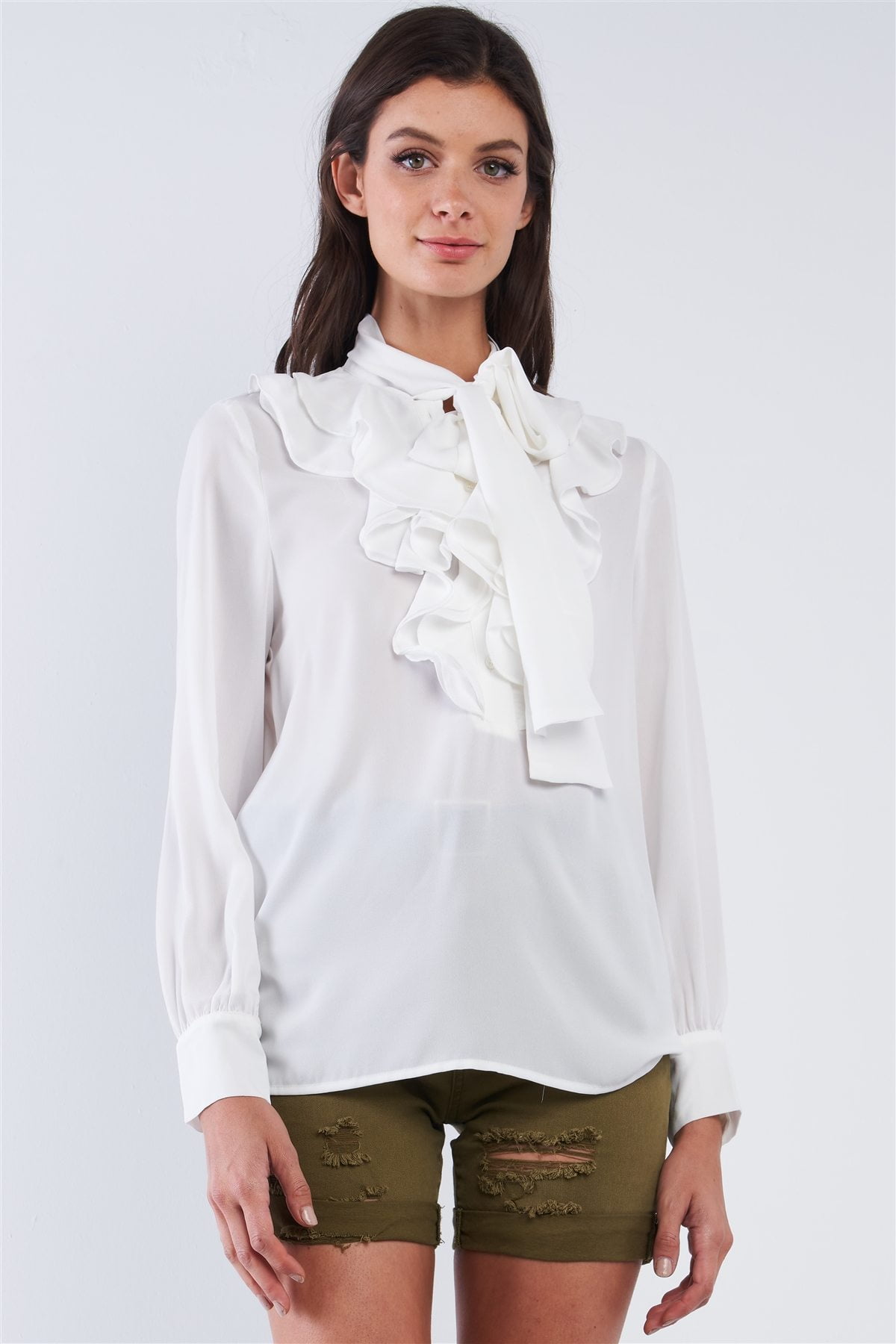 White ruffle long sleeve shirt Clearance
