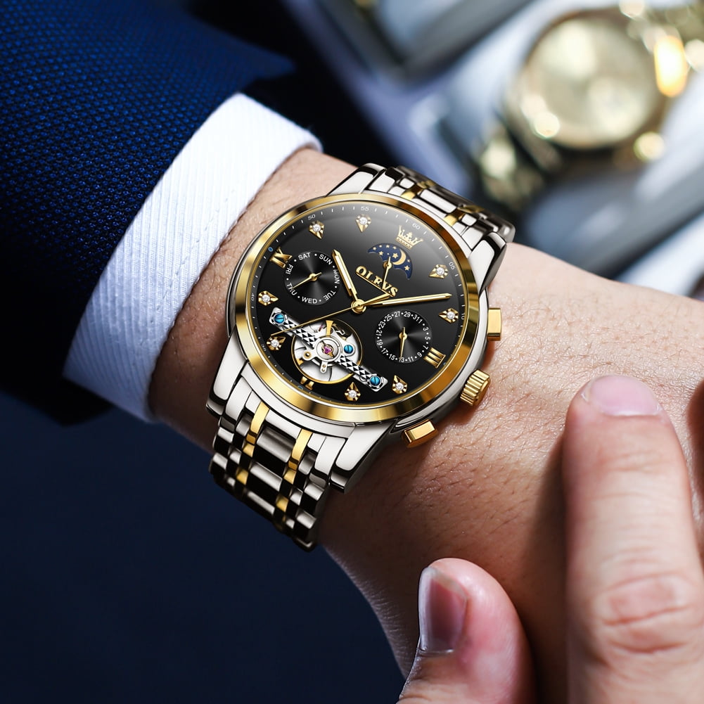 OLEVS Automatic Watches for Men Self Winding Mechanical Skeleton Flywheel Chronograph Luxury Dress Stainless Steel Diamond Moon Phase Waterproof Luminous Mens Wrist Watches Reloj Para Hombre