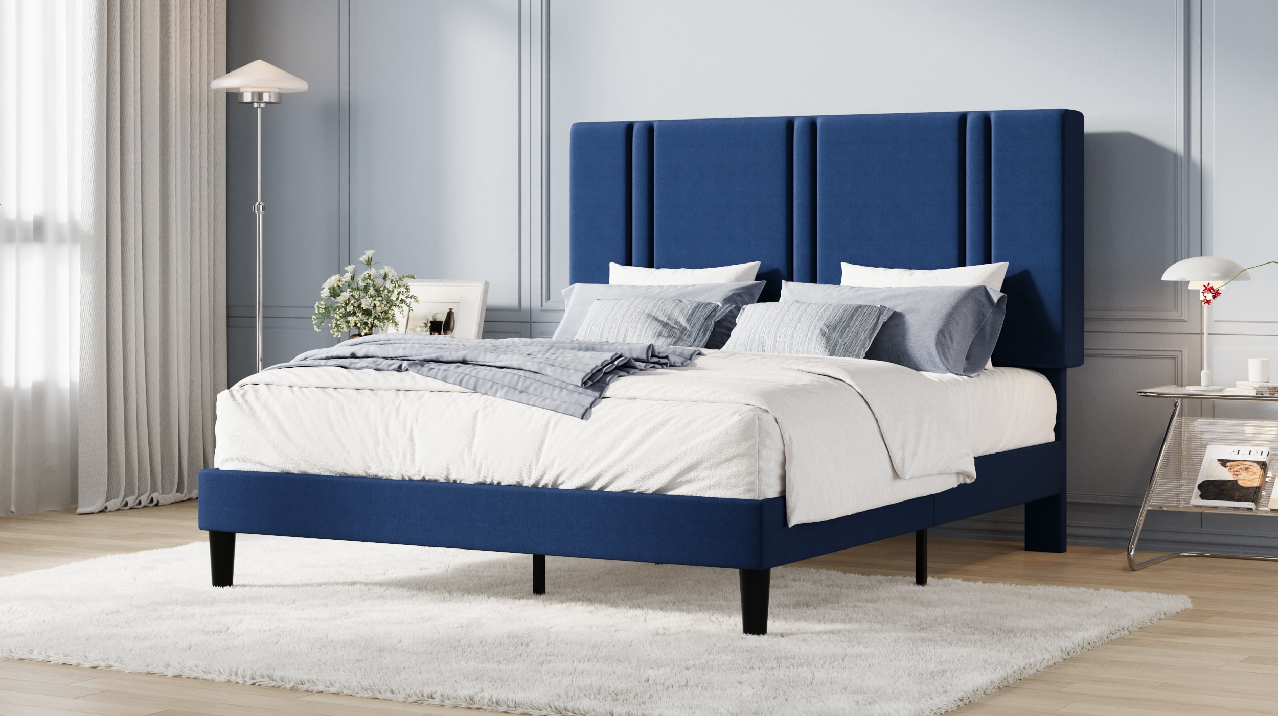 Amolife Full Bed Frame, Platform Bed with Upholstered Velvet Adjustable Headboard, Wooden Slats, Easy Assembly, Blue