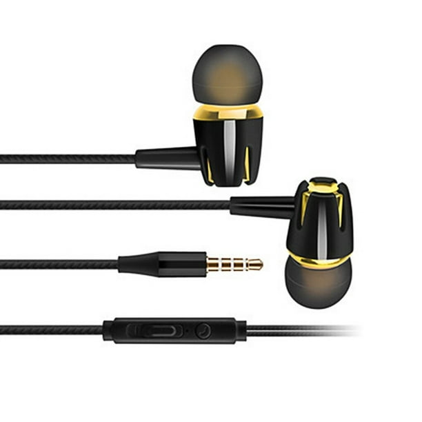Injueey Auricular con cable en el oído Reducción de ruido Portátil Bolsillo Deporte Correr Música Reproducir video Auriculares con conector de 3,5 mm Cables de audio/vídeo Negro+Oro