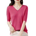 thumbnail image 2 of Pimfylm Short Sleeve Sweater for Women V Neck Lightweight Pullover Sweaters Loose Dressy Fashion Spring Sweaters Red, M, 2 of 5