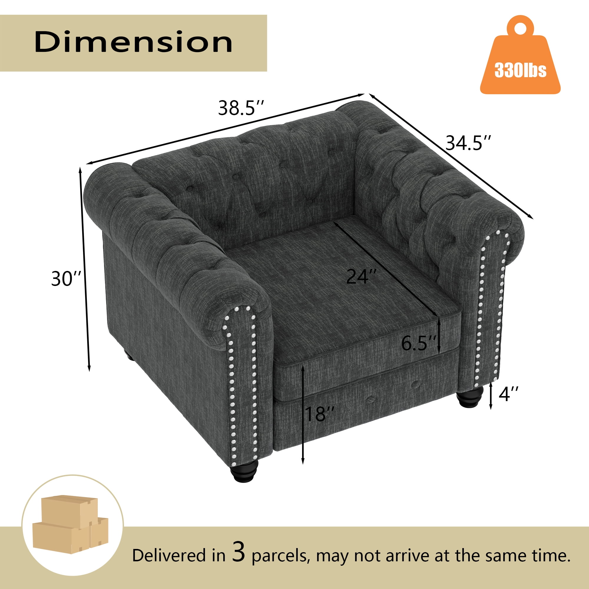 Morden Fort Linen Chesterfield Sofa, Accent Club Chair Charcoal Grey Living Room Chair