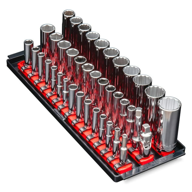 Ernst Manufacturing 8490 Socket Boss: un versátil organizador de zócalos de 3 rieles con múltiples unidades, los rieles de la bandeja de herramientas tienen 13 pulgadas de largo, disponibles en rojo,